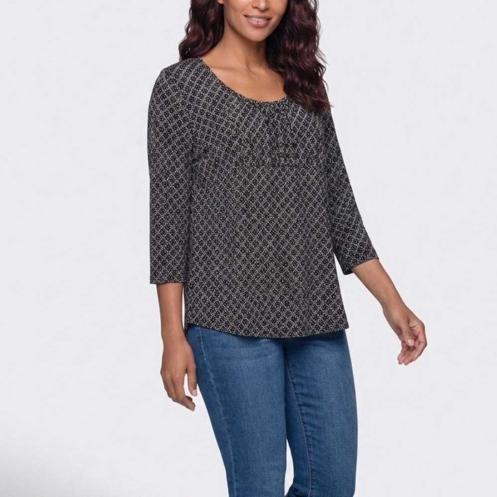 Duo Maternity Top Women Small Black White Geometric Print 3/4 Sleeve Scoop Neck